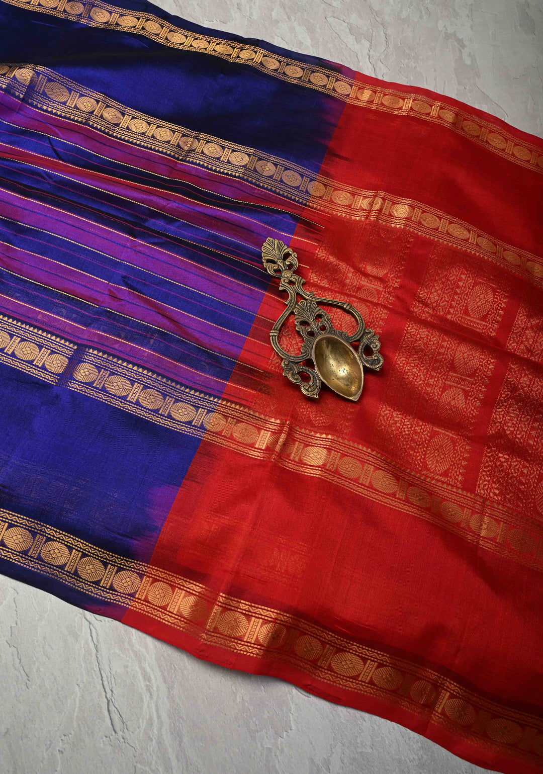 Shades of Purple Panel horizontal Stripes Kanchi Silk Cotton Saree with Rettaipet Border