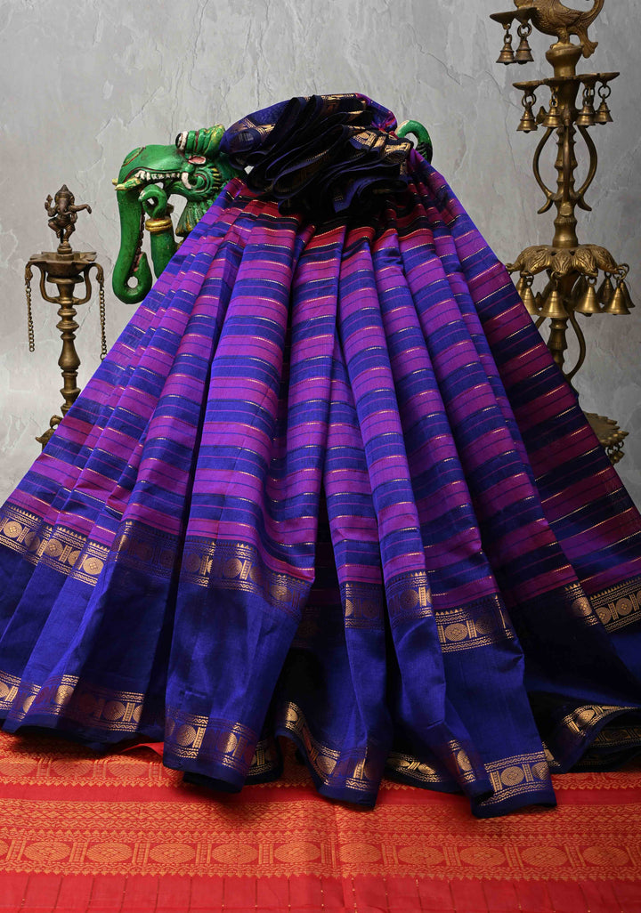 Shades of Purple Panel horizontal Stripes Kanchi Silk Cotton Saree with Rettaipet Border