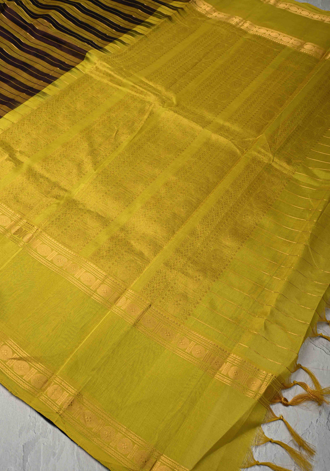 Golden Olive and purple  Panel horizontal Stripes Kanchi Silk Cotton Saree with Rettaipet Border