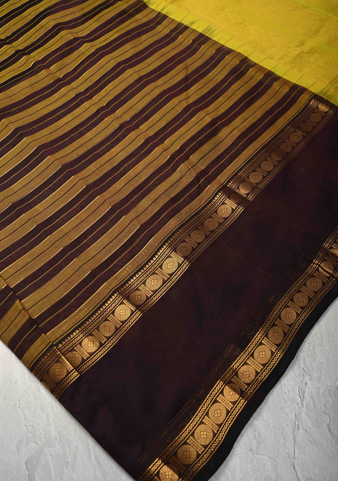 Golden Olive and purple  Panel horizontal Stripes Kanchi Silk Cotton Saree with Rettaipet Border