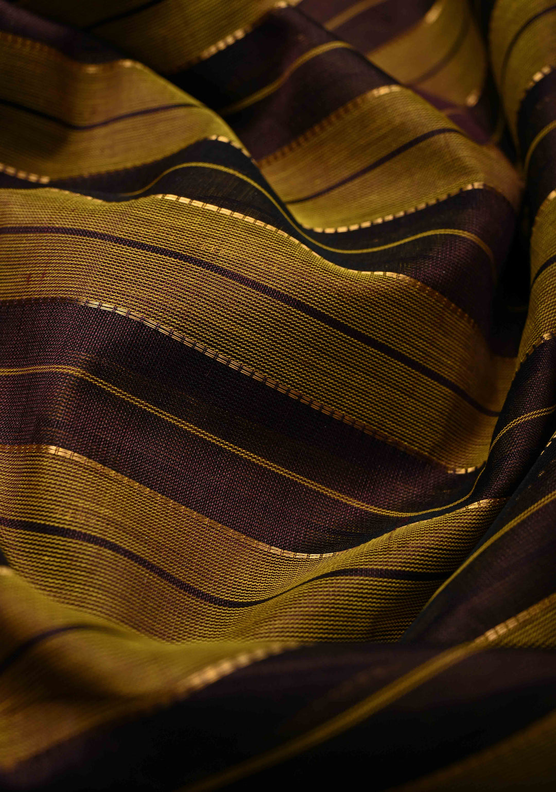 Golden Olive and purple  Panel horizontal Stripes Kanchi Silk Cotton Saree with Rettaipet Border