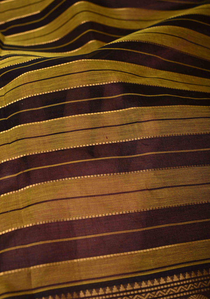Golden Olive and purple  Panel horizontal Stripes Kanchi Silk Cotton Saree with Rettaipet Border