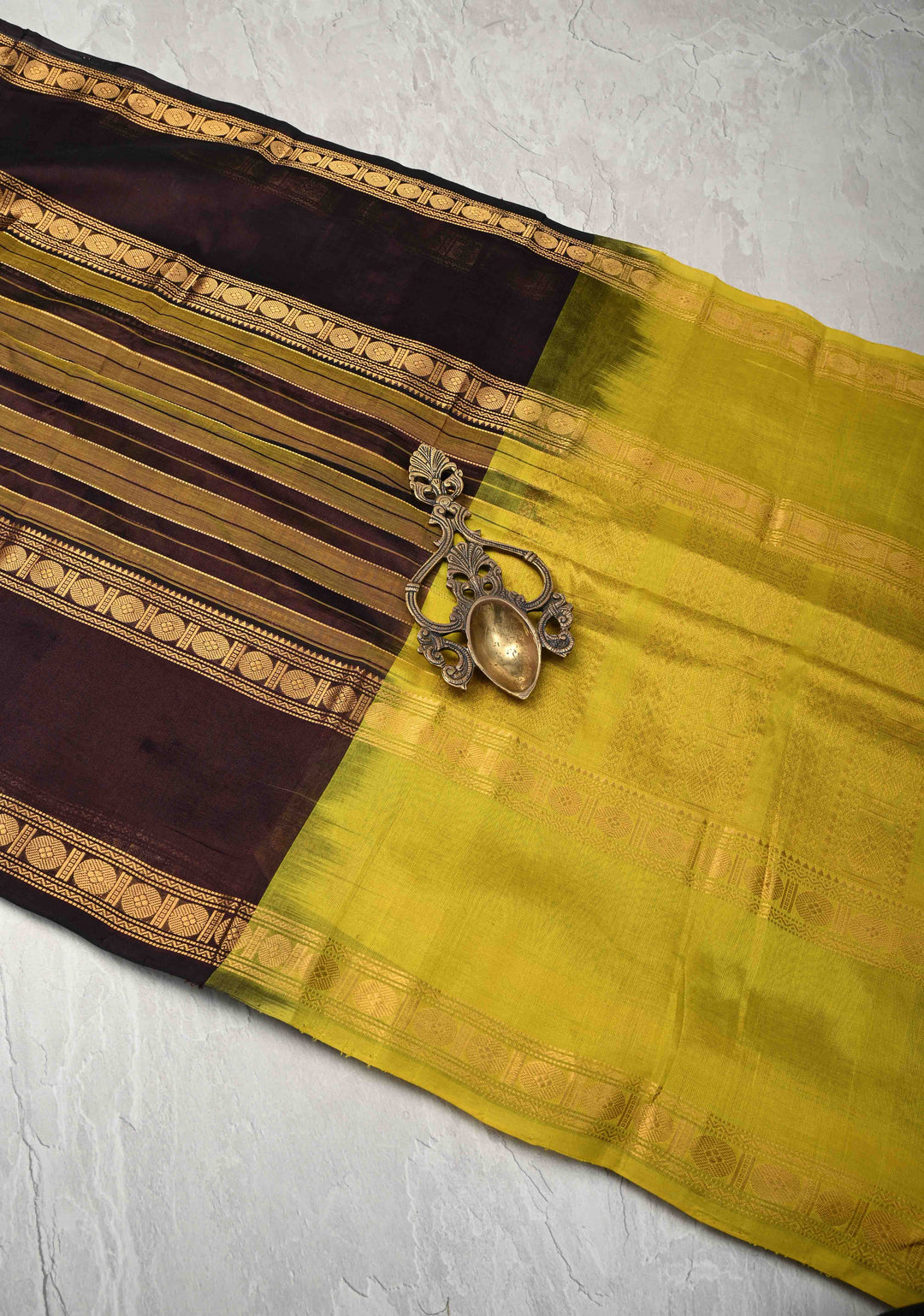 Golden Olive and purple  Panel horizontal Stripes Kanchi Silk Cotton Saree with Rettaipet Border