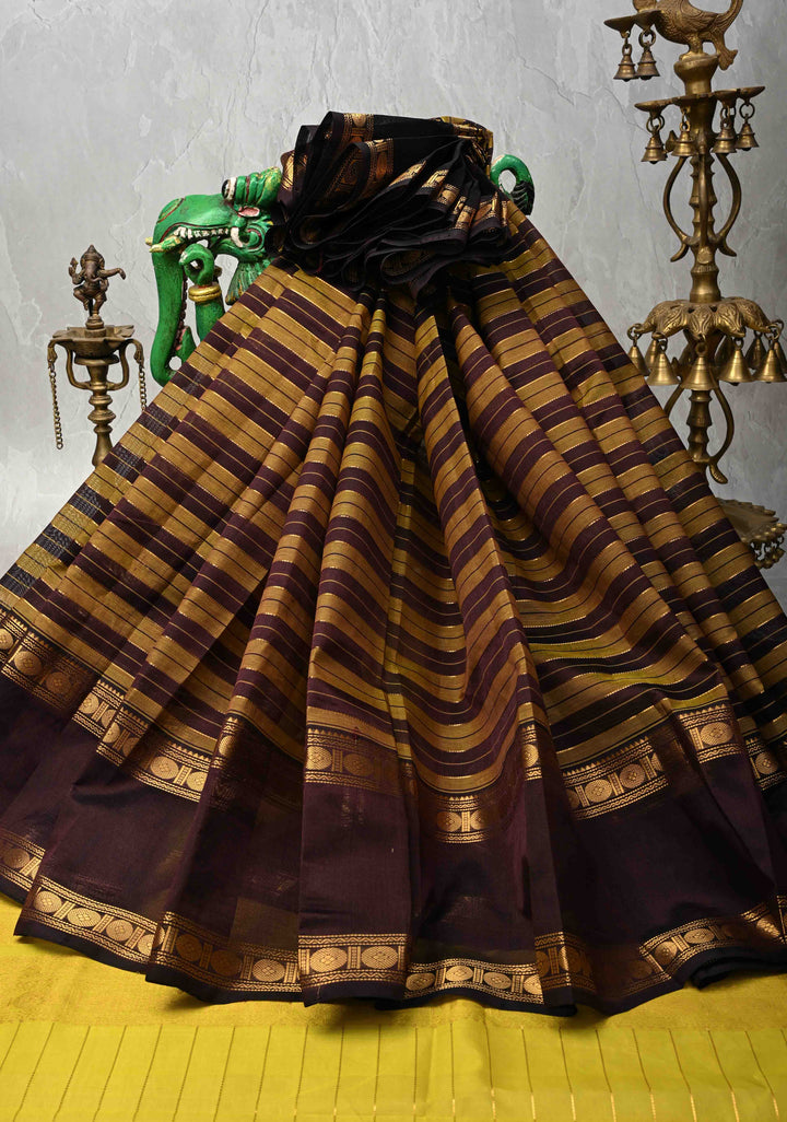 Golden Olive and purple  Panel horizontal Stripes Kanchi Silk Cotton Saree with Rettaipet Border
