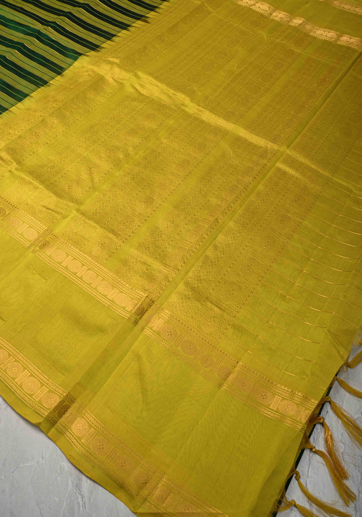 Shades of Green Panel horizontal Stripes Kanchi Silk Cotton Saree with Rettaipet Border