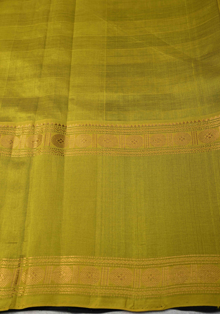 Shades of Green Panel horizontal Stripes Kanchi Silk Cotton Saree with Rettaipet Border