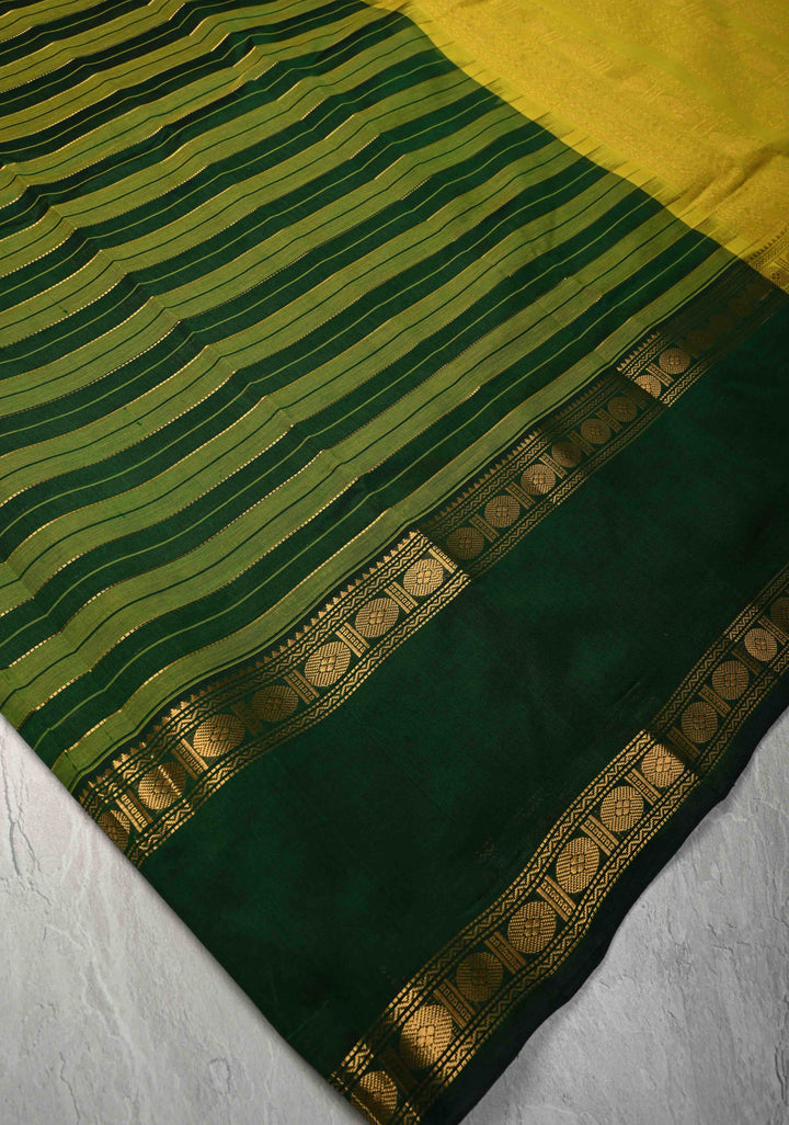 Shades of Green Panel horizontal Stripes Kanchi Silk Cotton Saree with Rettaipet Border