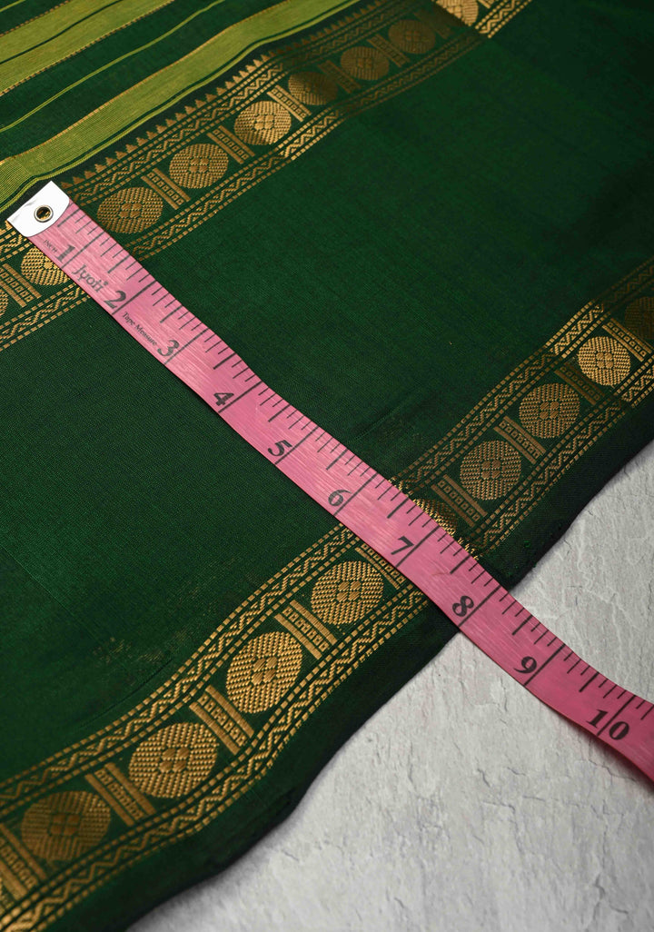 Shades of Green Panel horizontal Stripes Kanchi Silk Cotton Saree with Rettaipet Border