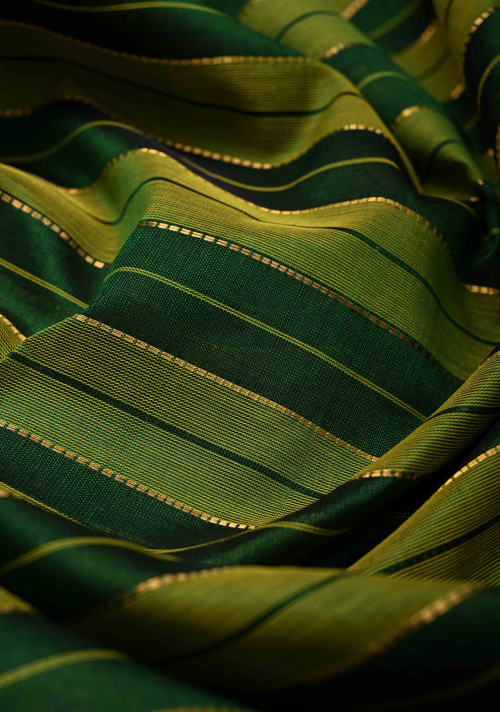 Shades of Green Panel horizontal Stripes Kanchi Silk Cotton Saree with Rettaipet Border