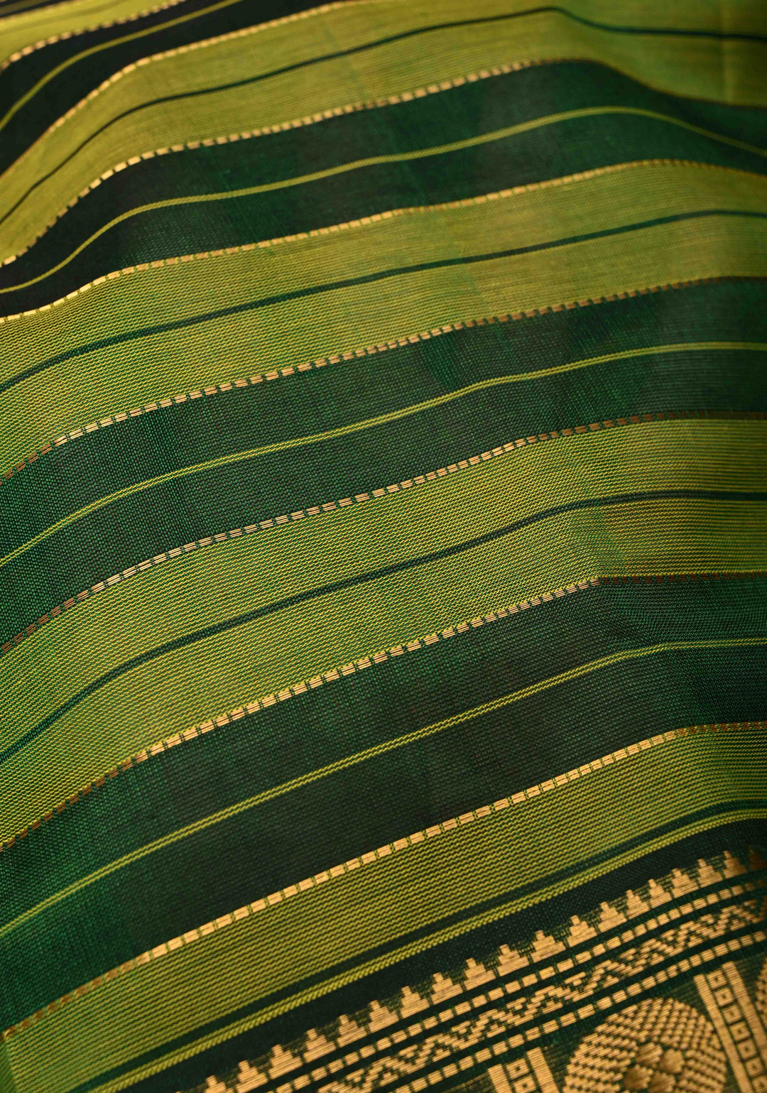 Shades of Green Panel horizontal Stripes Kanchi Silk Cotton Saree with Rettaipet Border