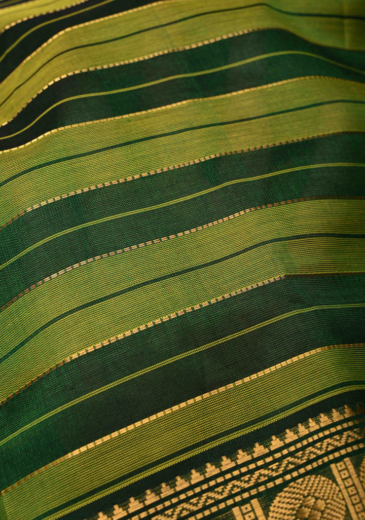 Shades of Green Panel horizontal Stripes Kanchi Silk Cotton Saree with Rettaipet Border