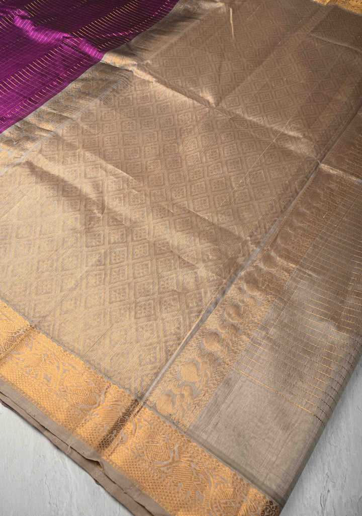 Purple Kanchi Silk Cotton Saree with Zari Checks and Paisley Buttas on Zari Border
