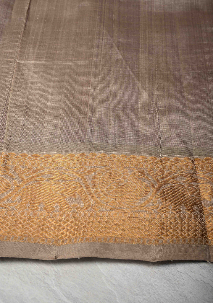 Purple Kanchi Silk Cotton Saree with Zari Checks and Paisley Buttas on Zari Border