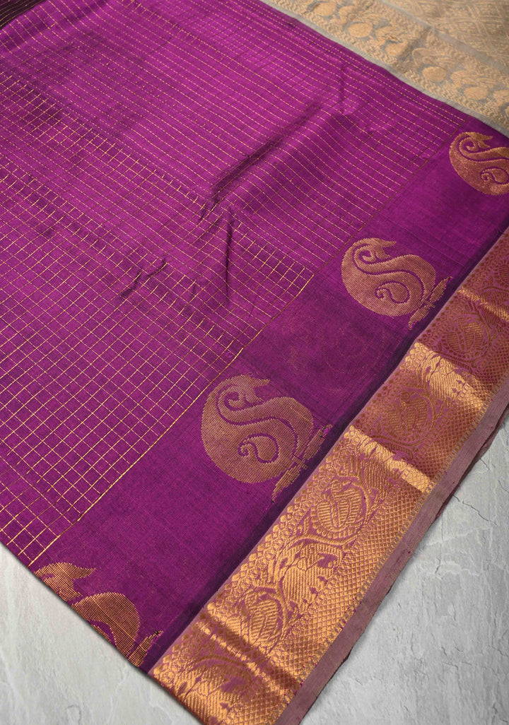 Purple Kanchi Silk Cotton Saree with Zari Checks and Paisley Buttas on Zari Border