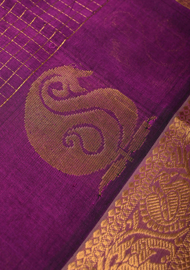 Purple Kanchi Silk Cotton Saree with Zari Checks and Paisley Buttas on Zari Border