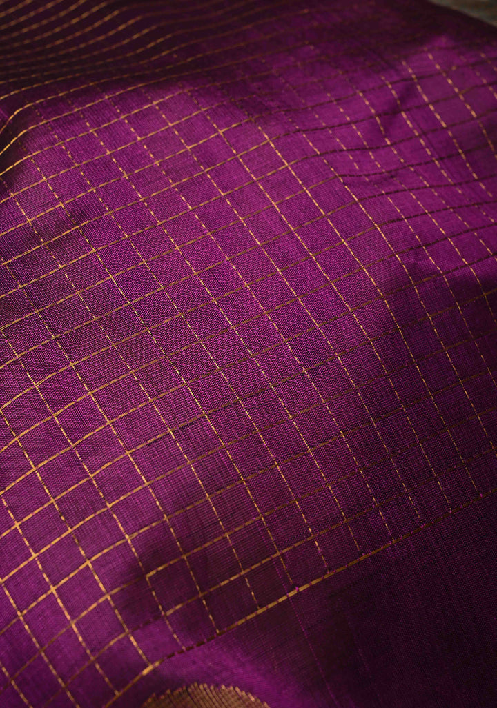 Purple Kanchi Silk Cotton Saree with Zari Checks and Paisley Buttas on Zari Border