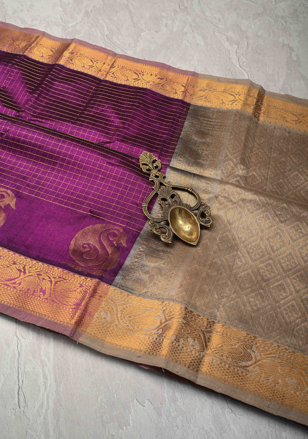 Purple Kanchi Silk Cotton Saree with Zari Checks and Paisley Buttas on Zari Border