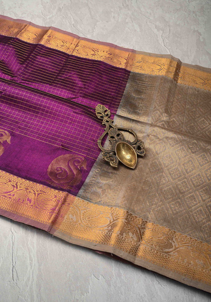 Purple Kanchi Silk Cotton Saree with Zari Checks and Paisley Buttas on Zari Border