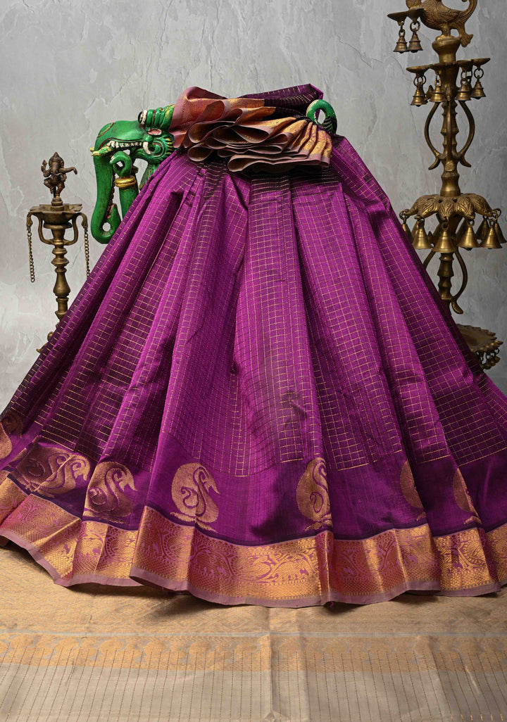 Purple Kanchi Silk Cotton Saree with Zari Checks and Paisley Buttas on Zari Border