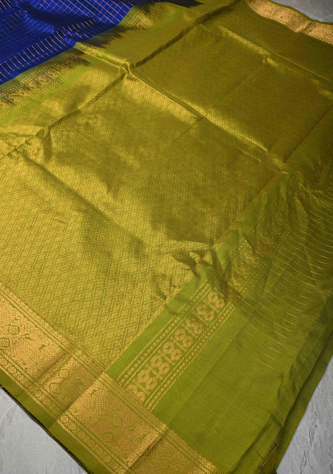 Sapphire Blue Zari Checks Kanchi Silk Cotton Saree with Anna Pakshi Motif and Zari Border