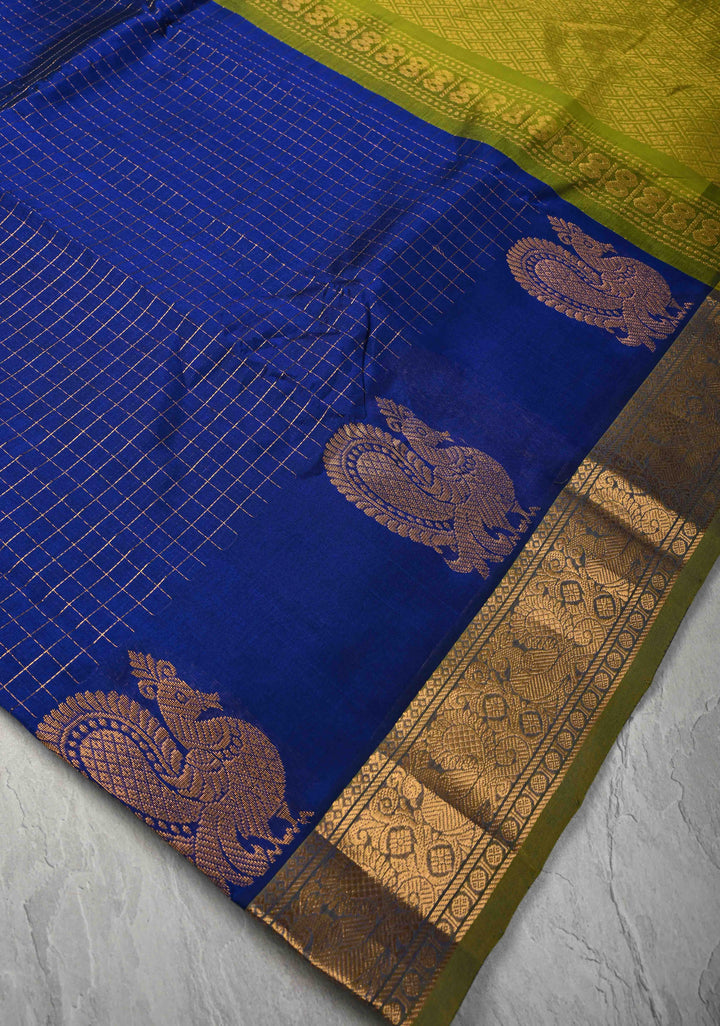 Sapphire Blue Zari Checks Kanchi Silk Cotton Saree with Anna Pakshi Motif and Zari Border