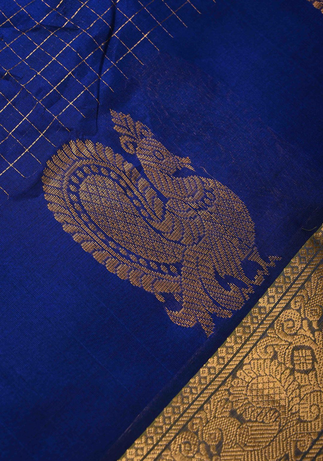 Sapphire Blue Zari Checks Kanchi Silk Cotton Saree with Anna Pakshi Motif and Zari Border