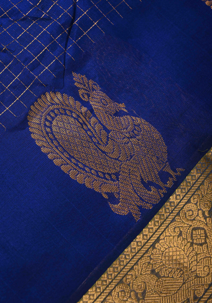 Sapphire Blue Zari Checks Kanchi Silk Cotton Saree with Anna Pakshi Motif and Zari Border