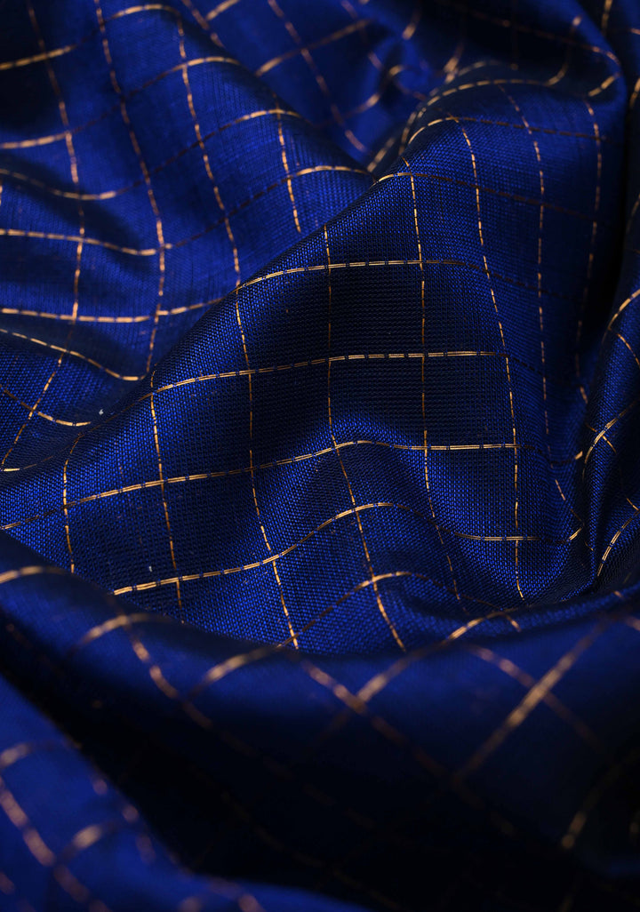 Sapphire Blue Zari Checks Kanchi Silk Cotton Saree with Anna Pakshi Motif and Zari Border