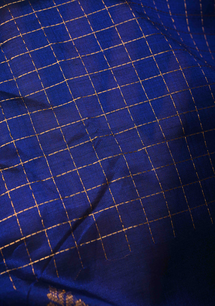 Sapphire Blue Zari Checks Kanchi Silk Cotton Saree with Anna Pakshi Motif and Zari Border