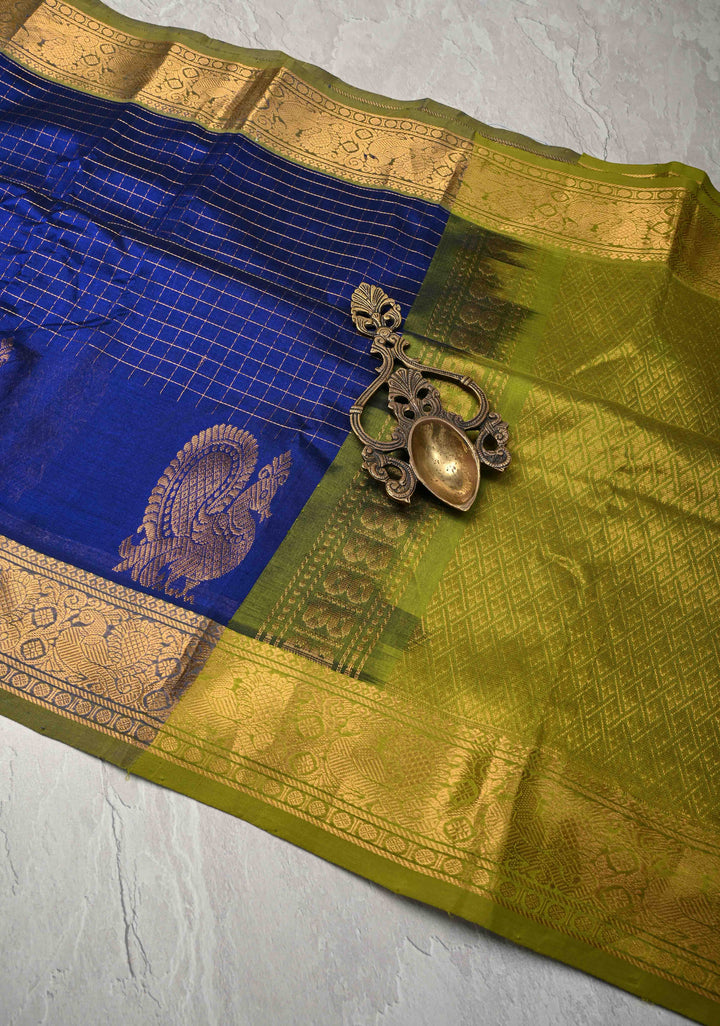 Sapphire Blue Zari Checks Kanchi Silk Cotton Saree with Anna Pakshi Motif and Zari Border