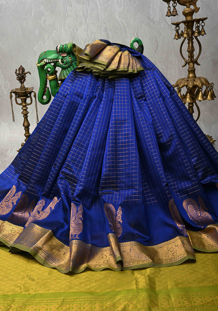 Sapphire Blue Zari Checks Kanchi Silk Cotton Saree with Anna Pakshi Motif and Zari Border