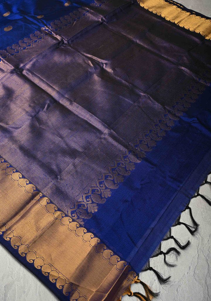Persian Indigo Kanchi Silk Cotton Handloom Saree with Paisley Buttas and Zari Border