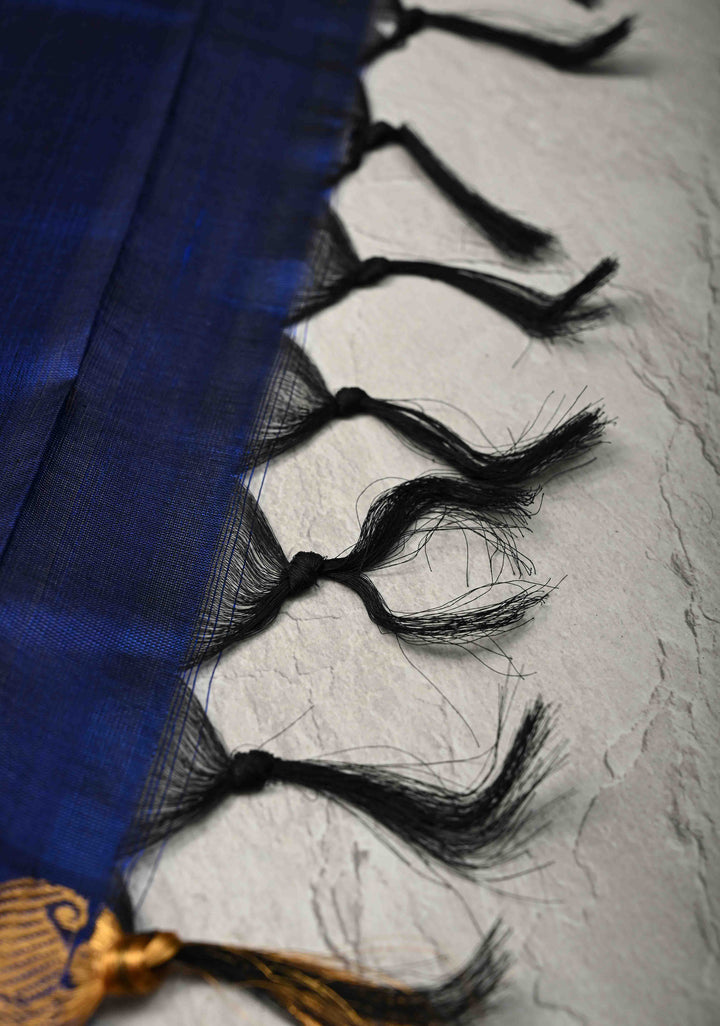 Persian Indigo Kanchi Silk Cotton Handloom Saree with Paisley Buttas and Zari Border