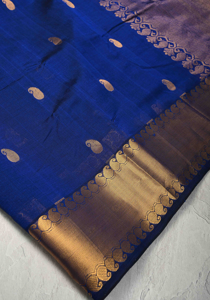 Persian Indigo Kanchi Silk Cotton Handloom Saree with Paisley Buttas and Zari Border