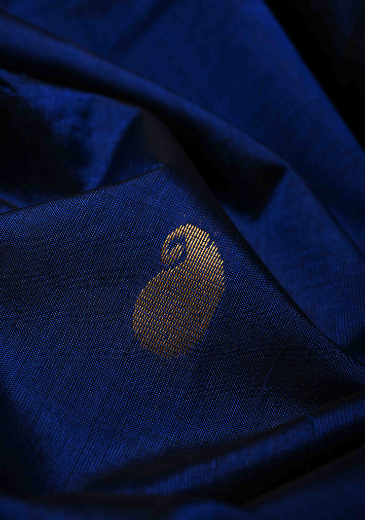 Persian Indigo Kanchi Silk Cotton Handloom Saree with Paisley Buttas and Zari Border