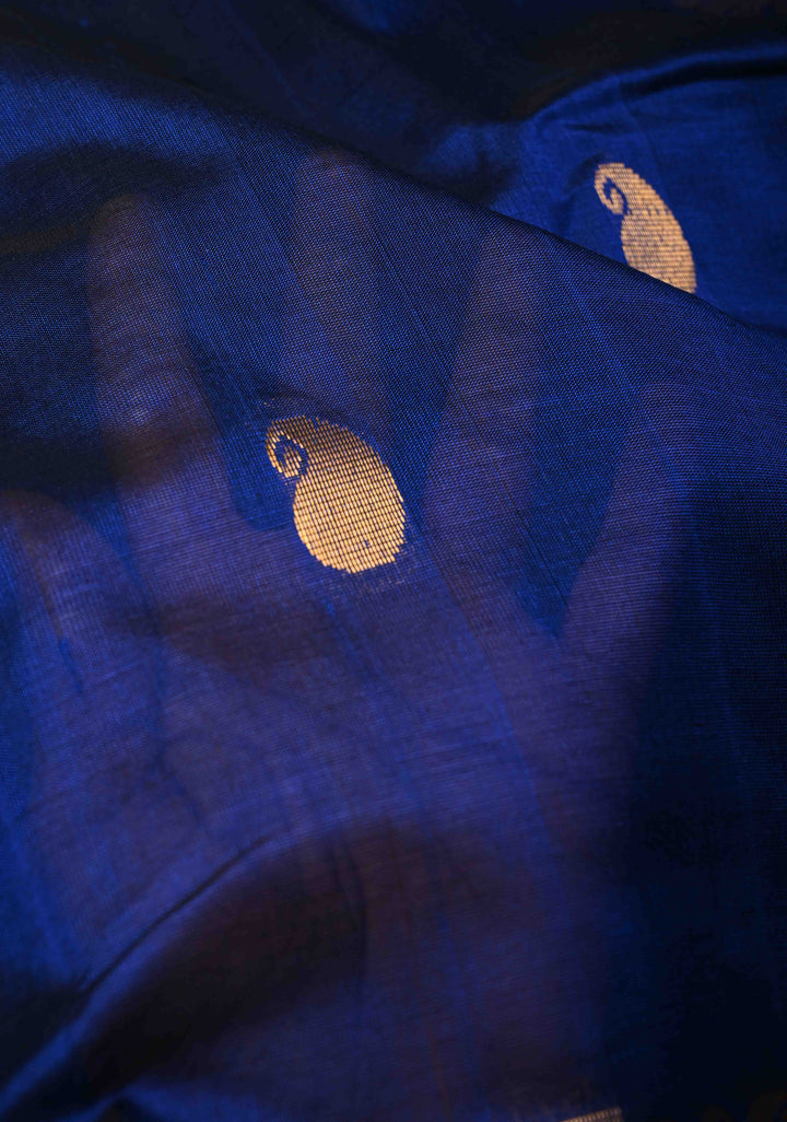 Persian Indigo Kanchi Silk Cotton Handloom Saree with Paisley Buttas and Zari Border