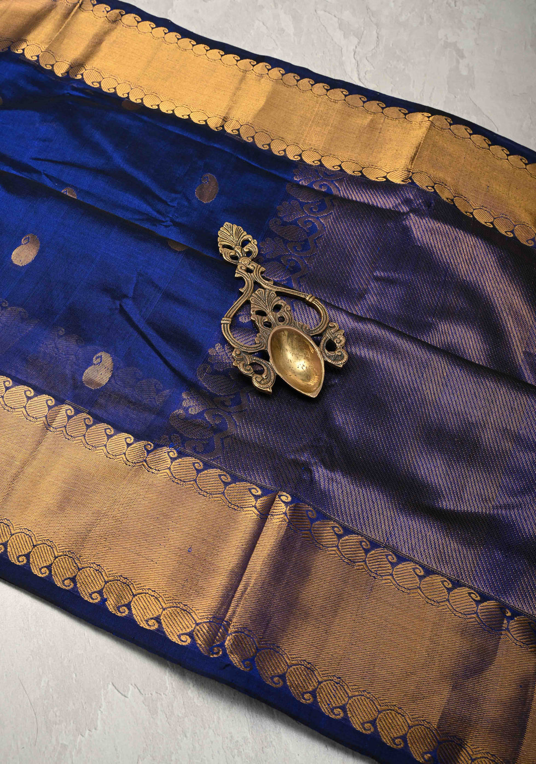 Persian Indigo Kanchi Silk Cotton Handloom Saree with Paisley Buttas and Zari Border