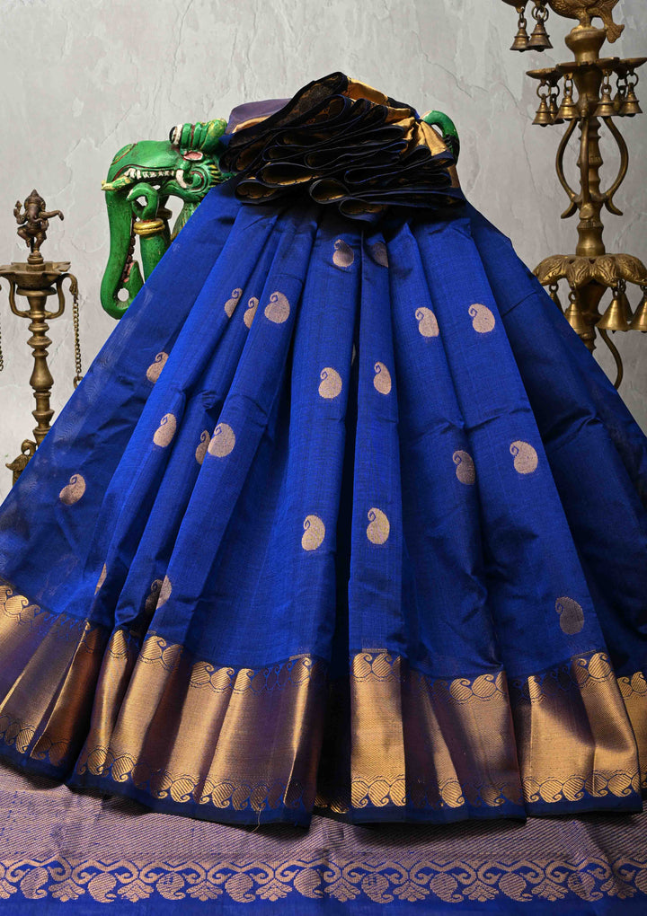 Persian Indigo Kanchi Silk Cotton Handloom Saree with Paisley Buttas and Zari Border