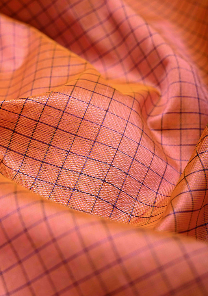 Pink Dual tone Korvai Kanchi Silk Cotton Handloom Saree with Checks Pattern and Contrast Zari Border