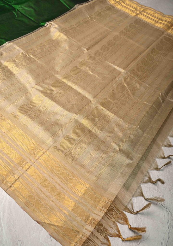 Bottle Green Korvai Kanchi Silk Cotton Handloom Saree with Contrast Zari Border