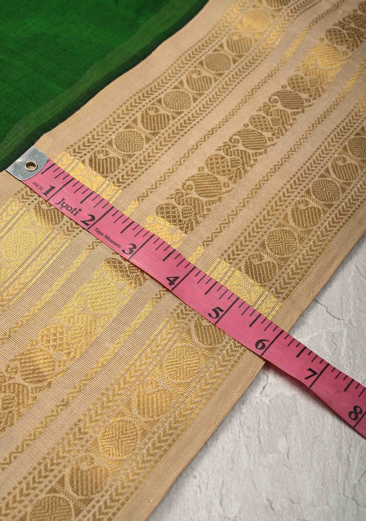 Bottle Green Korvai Kanchi Silk Cotton Handloom Saree with Contrast Zari Border