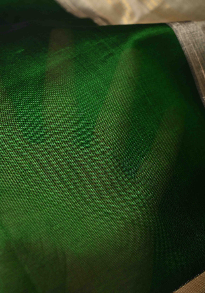 Bottle Green Korvai Kanchi Silk Cotton Handloom Saree with Contrast Zari Border