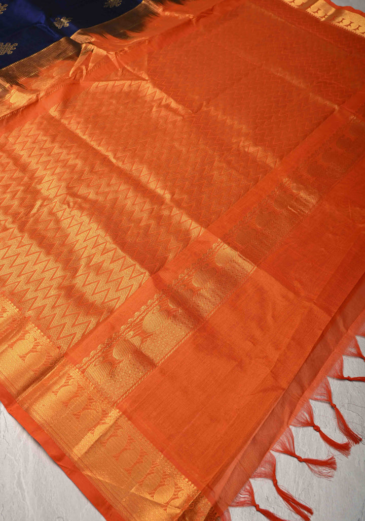 Midnight Blue Kanchi Silk Cotton Handloom Saree with Rangoli Buttas and Contrast Zari Border