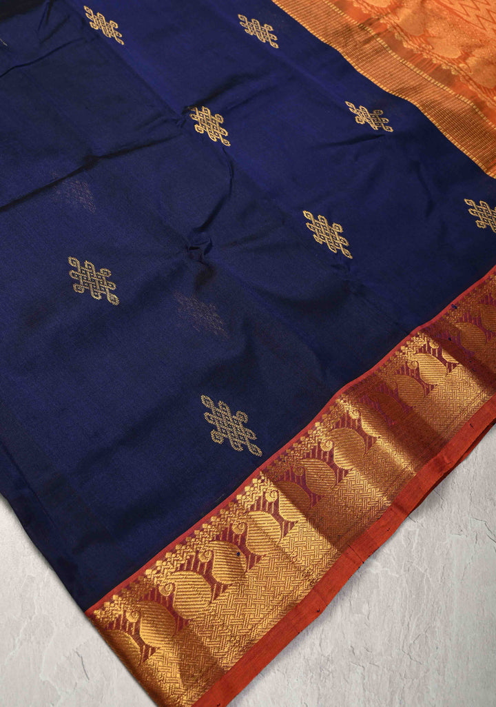 Midnight Blue Kanchi Silk Cotton Handloom Saree with Rangoli Buttas and Contrast Zari Border