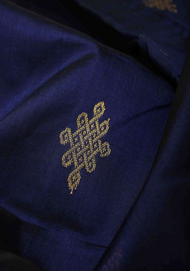 Midnight Blue Kanchi Silk Cotton Handloom Saree with Rangoli Buttas and Contrast Zari Border