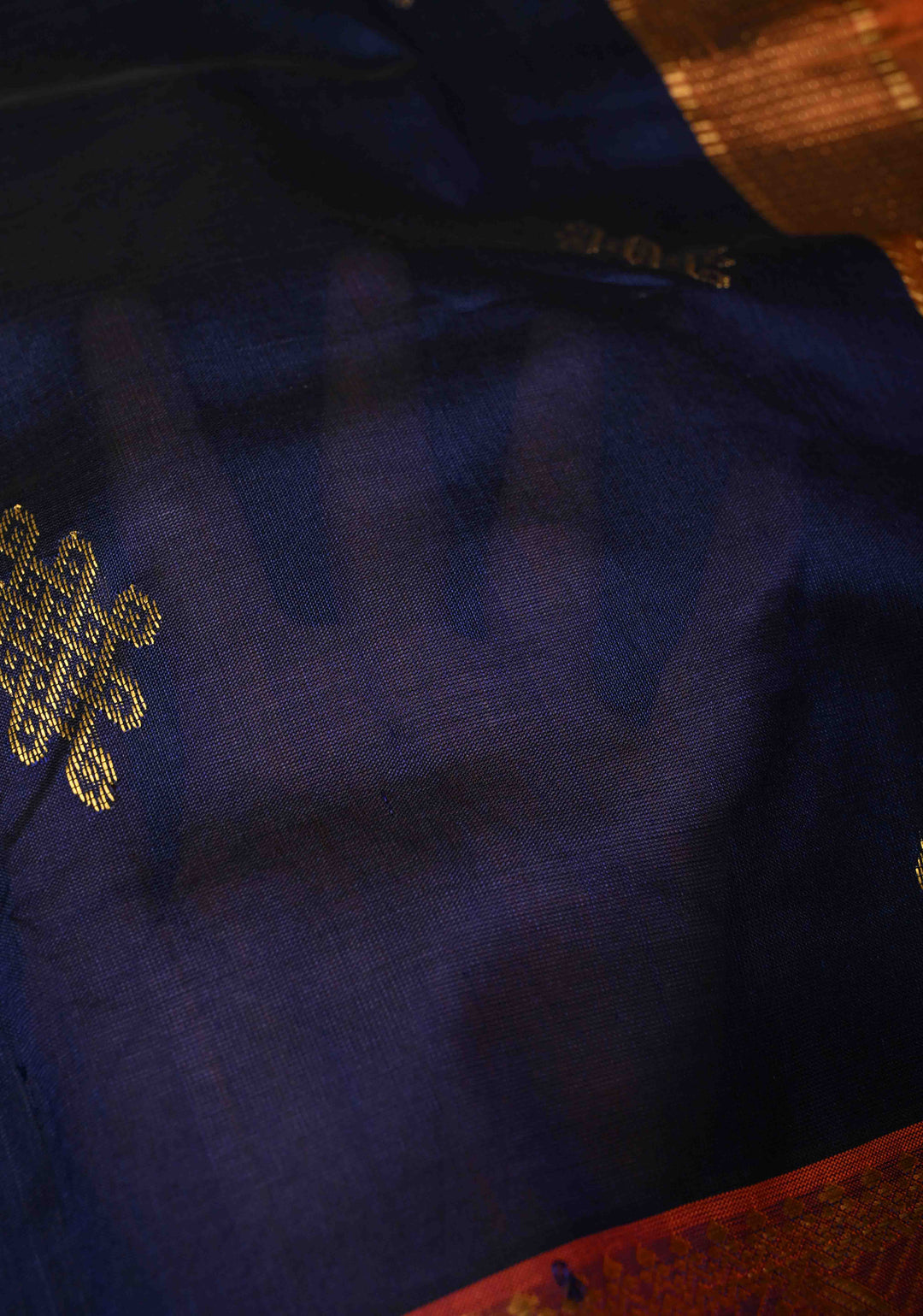 Midnight Blue Kanchi Silk Cotton Handloom Saree with Rangoli Buttas and Contrast Zari Border