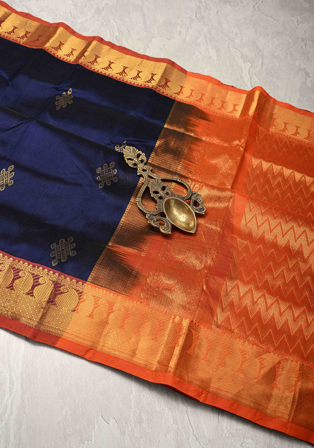 Midnight Blue Kanchi Silk Cotton Handloom Saree with Rangoli Buttas and Contrast Zari Border