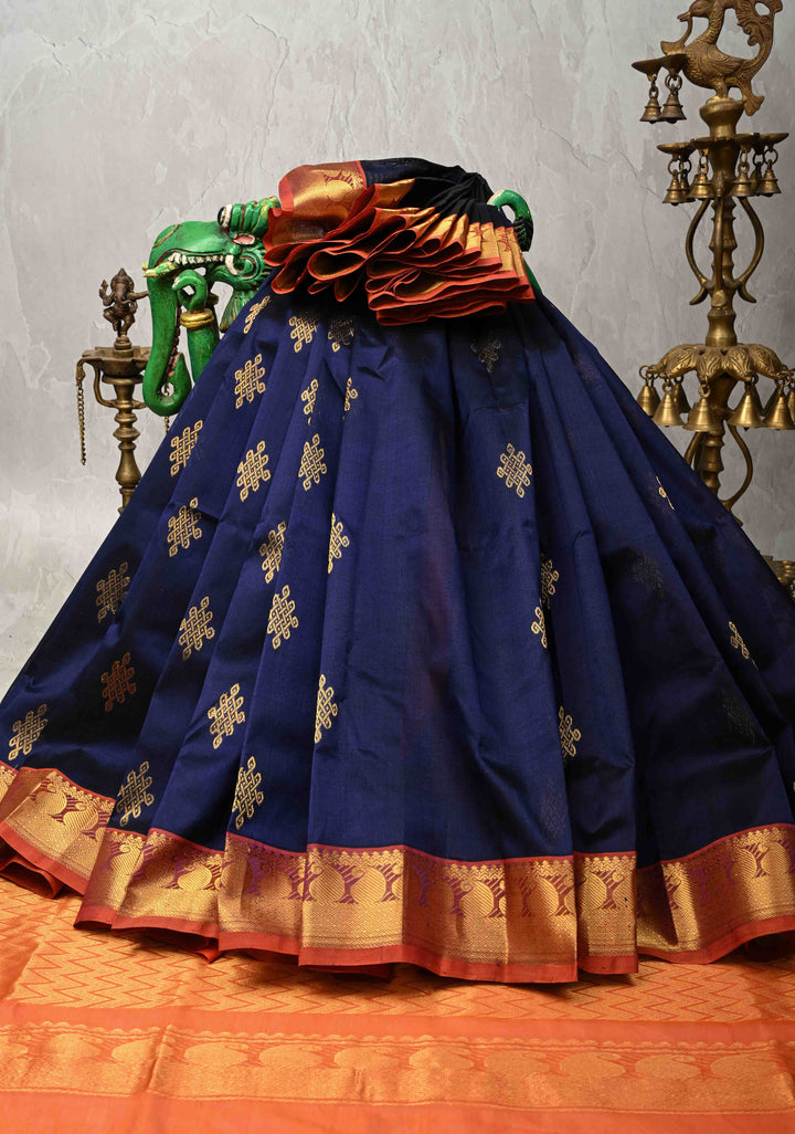 Midnight Blue Kanchi Silk Cotton Handloom Saree with Rangoli Buttas and Contrast Zari Border