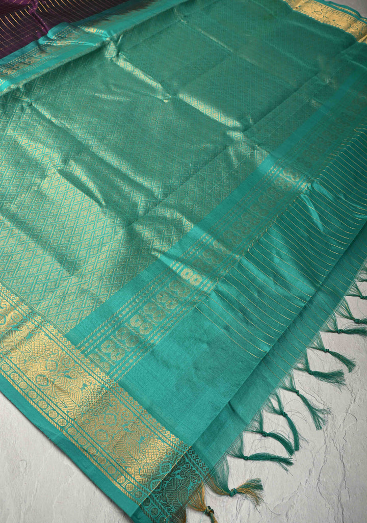 Egg plant Zari Checks on Kanchi Silk Cotton Saree with Anna Pakshi Motif on Contrast Zari Border