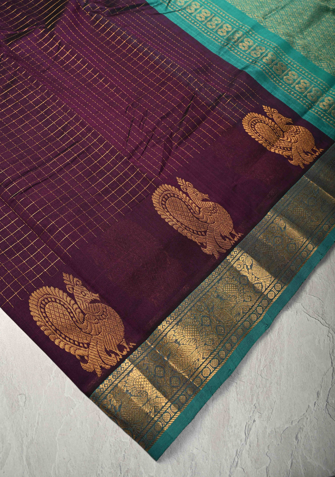 Egg plant Zari Checks on Kanchi Silk Cotton Saree with Anna Pakshi Motif on Contrast Zari Border
